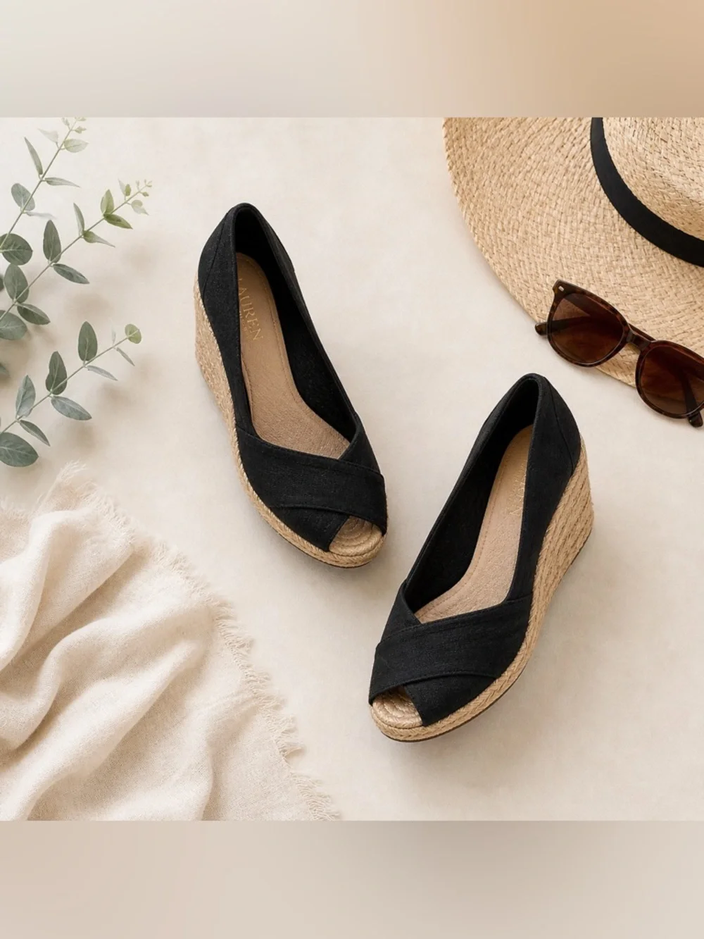 Lauren Ralph Lauren Black Espadrille Wedge Sandals Shoes 8.5